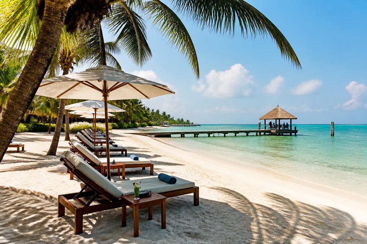 Resort tropical en una isla del Caribe con playa y tumbonas